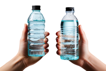 hand holding transparent plastic drinking water bottle