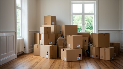 Cardboard boxes in a new bright house on the day of the move. The Concept Of housewarming, Freight Transportation, Purchase Of Real Estate.
