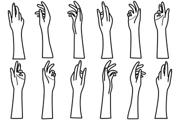 Set of hands showing different gestures. Vector illustration in doodle style.