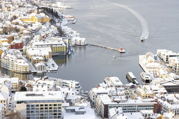 The Jugend city Aalesund (Ålesund) harbor on a beautiful cold winter's day. Møre and Romsdal co