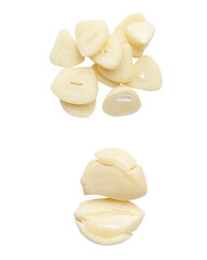 Top view set of pounded peeled garlic cloves and slices isolated with clipping path in png file format
