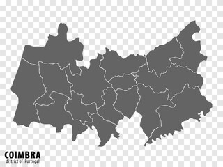 Map Coimbra District on transparent background. Coimbra District  map with  municipalities in gray for your web site design, logo, app, UI. Portugal. EPS10.