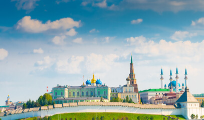 Beautiful panorama of Kazan. Kazanka river embankment, Kazan Kremlin in sunny summer day. Republic...
