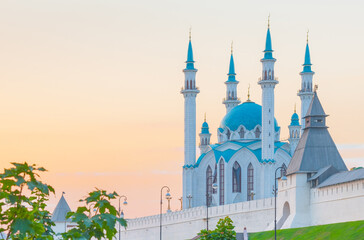The Kul Sharif Mosque in sunset time. Summer evening. Kazan Kremlin. Republic of Tatarstan. Kazan. Russia