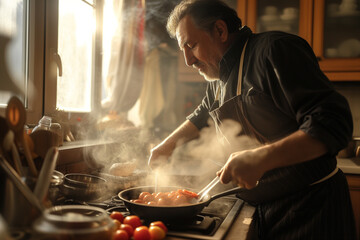 middle aged man cooking in his kitchen concept