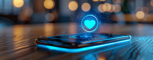 Digital Love Notification on Smartphone Hologram - obrazy, fototapety, plakaty