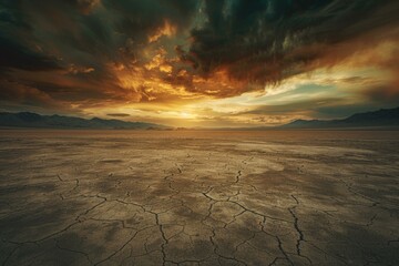 Dramatic Sunset Over Cracked Desert Landscape, Climate Change Concept - obrazy, fototapety, plakaty