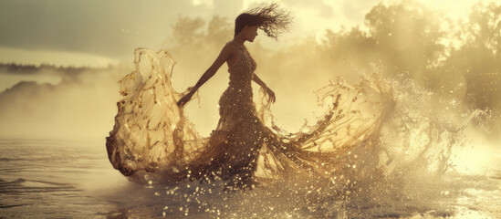 Goddess of fairy in magical dress walks on water, magical sea scene