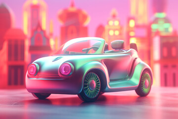 Dive into a neon dreamscape with this vibrant 3D-rendered futuristic car illustration, merging sleek design with a whimsical city backdrop. Perfect for your creative projects