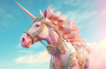 Embark on a fantasy with this majestic unicorn, adorned in ornate gear under a dreamy sky - obrazy, fototapety, plakaty