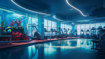 A gym interior with an underwater theme, with oceanic colors and aquatic artwork.