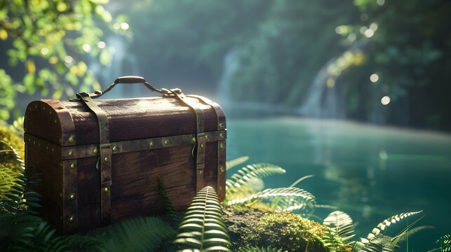 A wooden treasure chest on a mountain lake somewhere in South America - Format: 16:9