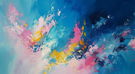 Abstract acrylic painting of blooming blooms in blue and pink.