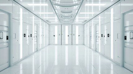 A pristine, white hallway of a data center with rows of secured server cabinets