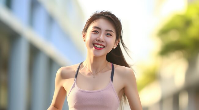 Stunning Asian Beauty in Fashionable Sportswear Running on Sunny Summer Track