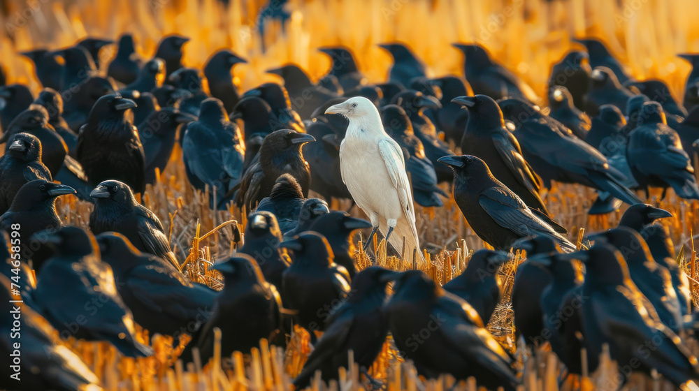 Wall mural Unique white crow amidst black ones - concept of being different