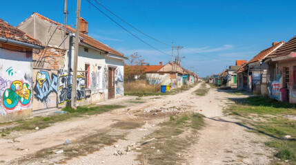 Fototapeta na wymiar Abandoned dirty street in poor, dangerous, criminal neighborhood