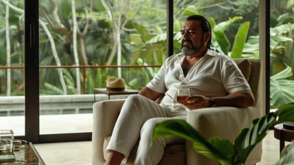 Head of drug cartel sitting in chair in his home