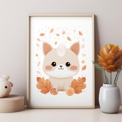 cutie kawaii Digital high resolution mockup, fall themed, blank white framed poster on wall 