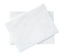 Top view of two folded pieces of white tissue paper or napkin in stack isolated with clipping path in png file format
