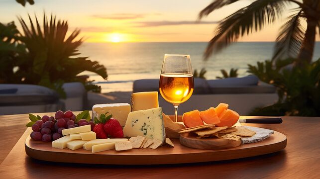 Assortment of different types of cheeses, fruits and white wine against the background of the sunset in the blue lagoon. The concept of a romantic dinner, vacation at the resort