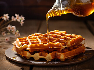 Belgian waffles with honey pouring from a bottle of maple syrup 