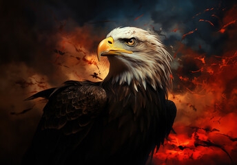 A bald eagle with a proud and majestic expression, fireworks exploding behind it.