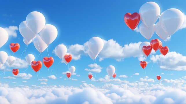 Romantic promotional banner with red heart shaped balloons floating in the clouds