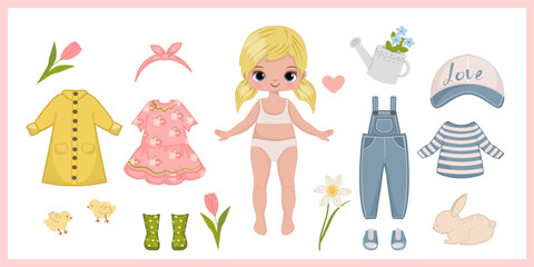 Paper doll clothes. Baby doll. Spring garden. Cute girl with clothes set, collection. Game, toy for children play. Vector illustration isolated on white background. Stickers. Dress up, cutouts.