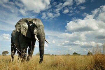 Fototapeta na wymiar Elefante africano en sabana bajo cielo nublado