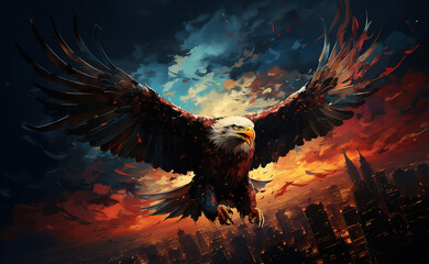 bald eagle soaring high above a city skyline adorned with red, white, and blue lights on the 4th of July.
