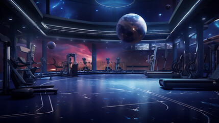 A gym interior with a cosmic theme, incorporating celestial imagery and deep-space colors.