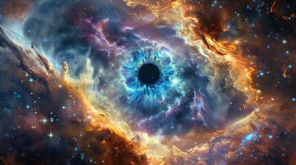 Eye of Providence in Cosmic outer Space. Illuminati Abstract concept Deep Cosmos Background. All-seeing blue eye, conspiracy theory. Beautiful universe in human eye. Mystery galaxy glow sky animation.