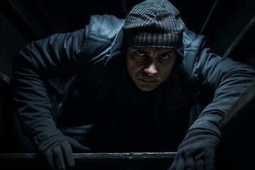 A suspicious individual dressed in black clothing, including a beanie and gloves, is stealthily sneaking through an open window in the dead of night, likely with criminal intent.