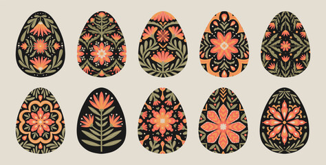 Set of Ukrainian Tradition Eggs Ornament. Easter Folk Floral Pattern with Flowers and Leaves - obrazy, fototapety, plakaty