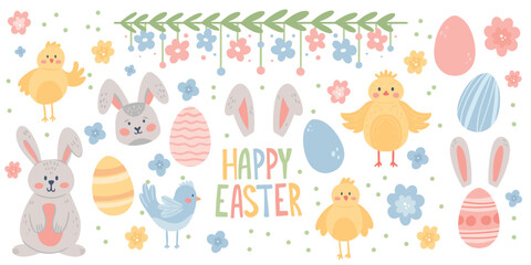 Set of Happy Easter elements. Cute Hand Drawn Eggs, Bunny, Chicken and other. Spring Aesthetic Stickers