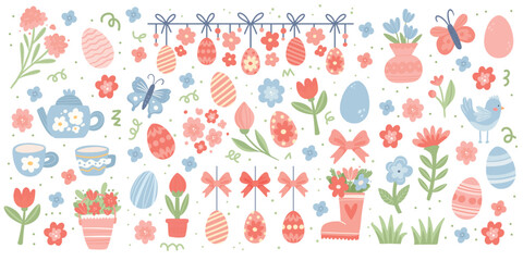 Set of Happy Easter elements. Cute Hand Drawn Eggs, Flowers, Garland and other. Spring Aesthetic Stickers