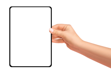 Female hands holding tablet on empty background