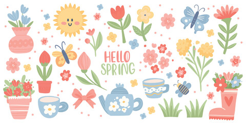 Set of Cute Spring elements. Springtime Hand Drawn Flowers, Butterfly, Plant and other. Cottagecore Aesthetic Stickers