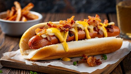 Big hot-dog with crispy bacon, fried onions, melted cheese and mustard on wooden table. Tasty fast...