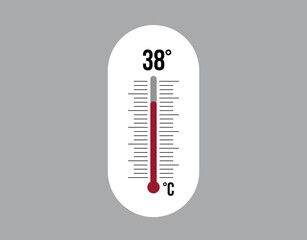 38° degrees Celsius. Thermometer vector to measure climate temperature, weather forecast and heat concept