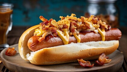 Big hot-dog with crispy bacon, fried onions, melted cheese and mustard on wooden table. Tasty fast food