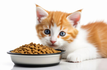 Kitten Eating from Bowl. Young Cat Eats Food, Licking Tongue. Feline Feeding Isolate White Solid Background. Ginger Tabby Cat Eating. Front View. Pet Food Banner. Domestic Animals Meal. Space for text