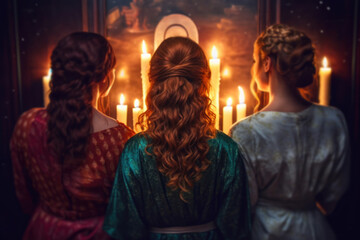 Three women in vintage attire stand mysteriously before glowing candles