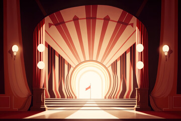 captivating stage with striking red and white stripes and vintage wall lamps - obrazy, fototapety, plakaty