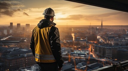 A construction worker gazes at the sunrise over an awakening city, symbolizing new beginnings and urban development.