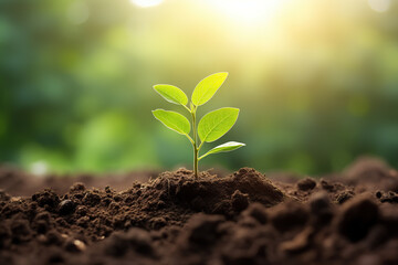 Small Tree Growing from Soil with Sunrise Bokeh Green Background - World Earth Day, Environment Day Concept