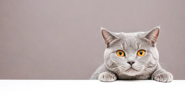 funny grey British cat peeking out from behind white table. grey British cat with orange eyes as it peeks out curiously from behind white banner