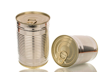 Two metal canned meat macro isolated on white background.