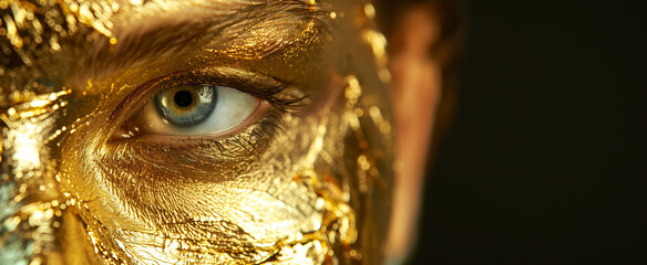 close up of an eye wearing golden flake makeup - obrazy, fototapety, plakaty